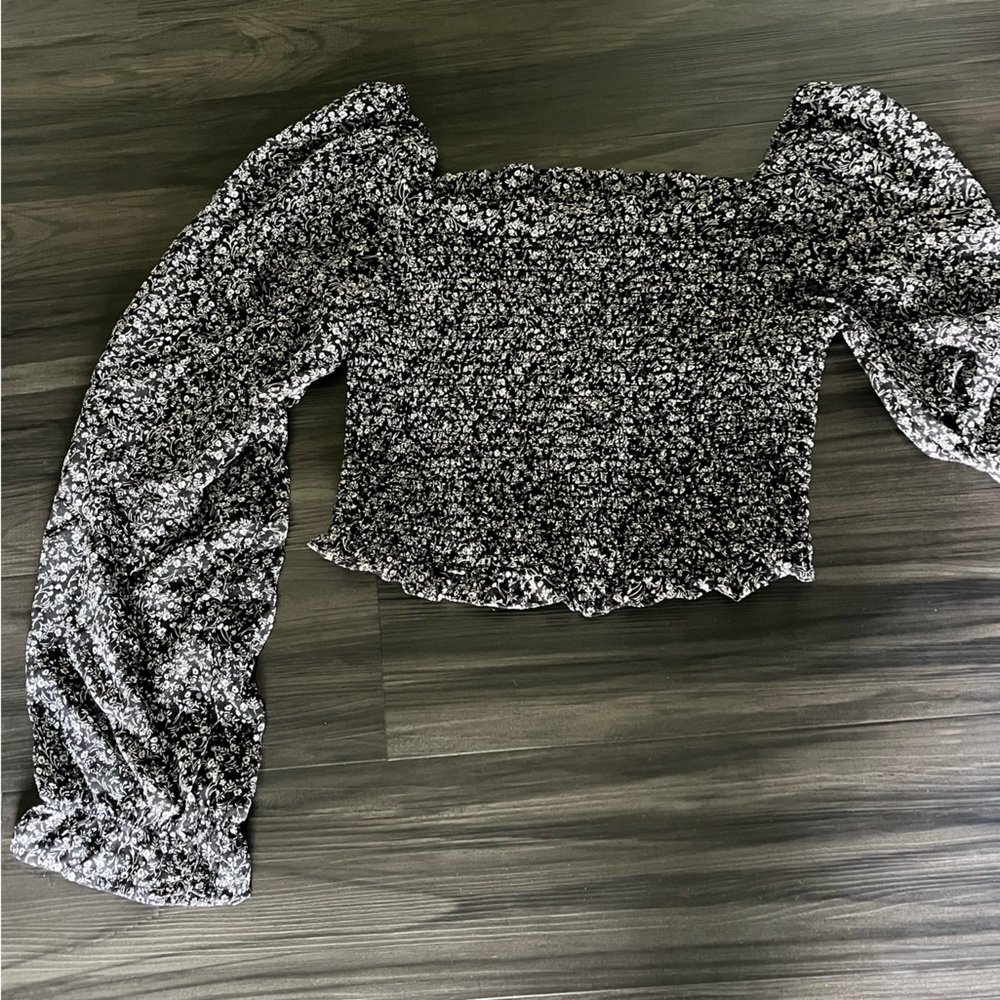 Black and White Smocked Crop Long Sleeve